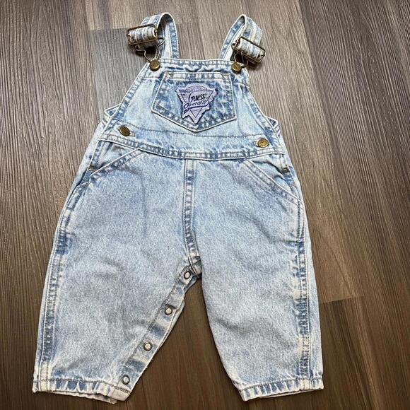 Vintage Guess Baby Overalls Size 9 Months Light Blue Wash Button Snap Bottoms - Picture 1 of 7